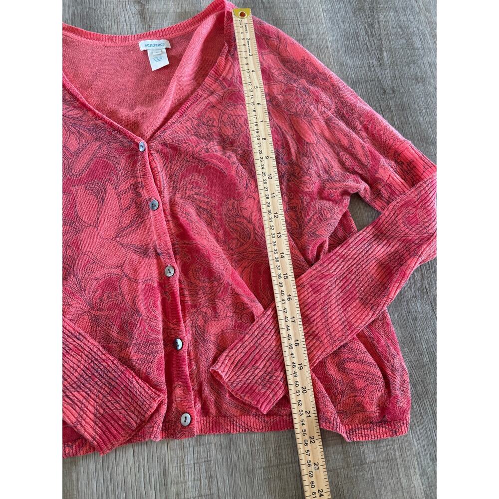 Sundance Womens L 100% Linen Cardigan Coral Floral Button Front Boho Artsy - Picture 2 of 6